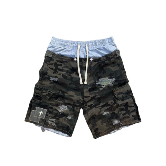 SAG CAMO JORTS DISTRESSED DENIM